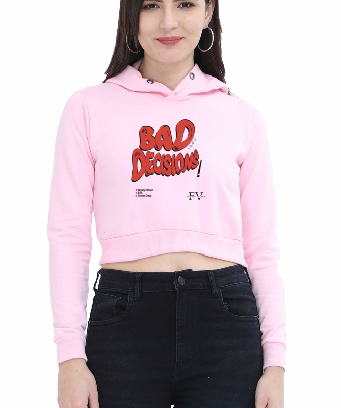 Fashion Valets Women's Cropped Hoodie | "BAD DECISIONS!" DTF Print | Music-Inspired Design | Light Baby Pink & Mustard Yellow